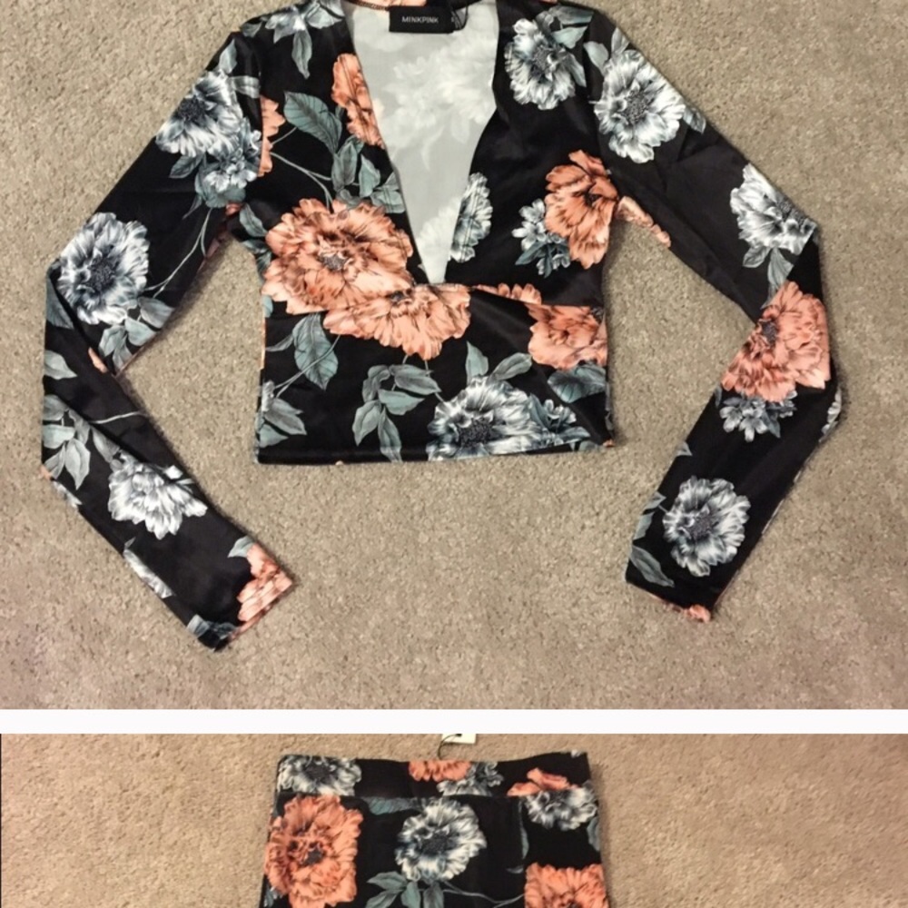 Mink Pink velvet crop top and skirt