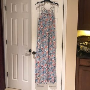 Blue and Coral Floral Maxi Dress with Racer Back