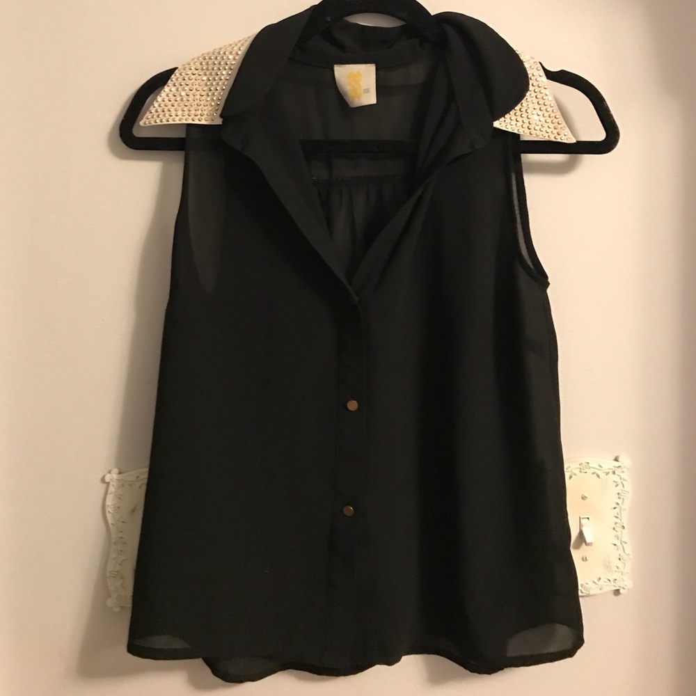 Black collared top with rhinestones