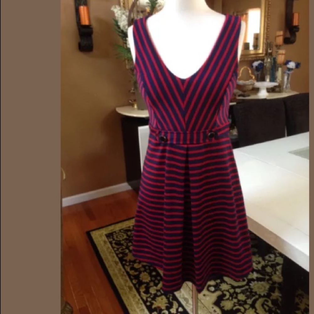 Burgundy/navy strip knee length dress