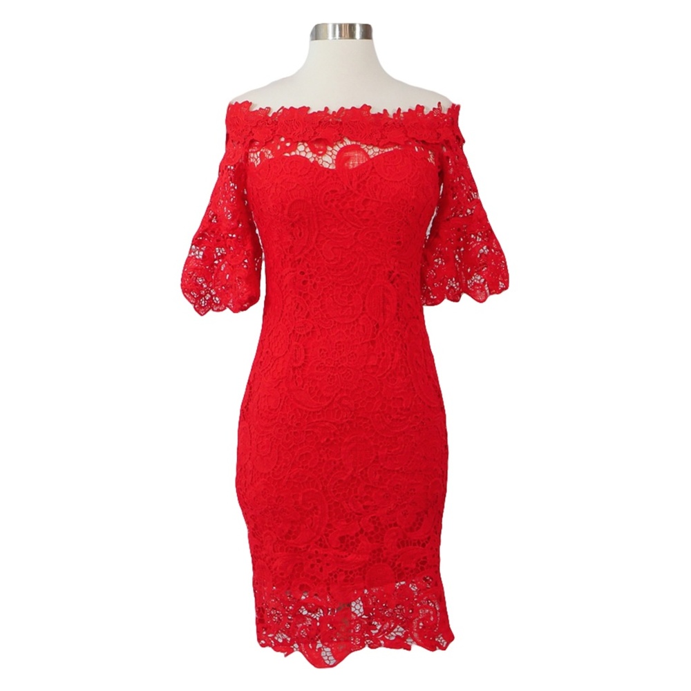 ❗️Red Off the Shoulder Crochet Lace Midi Dress - Picture 6 of 6