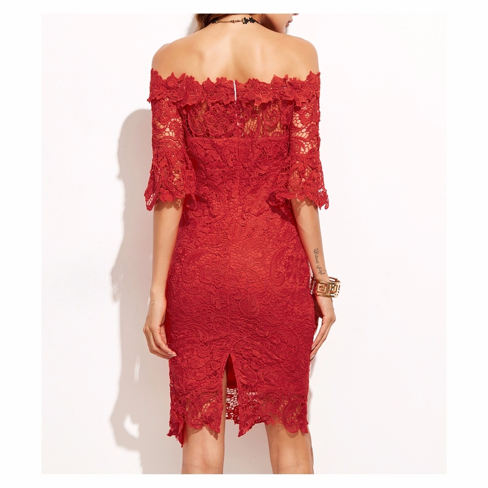❗️Red Off the Shoulder Crochet Lace Midi Dress - Picture 3 of 6
