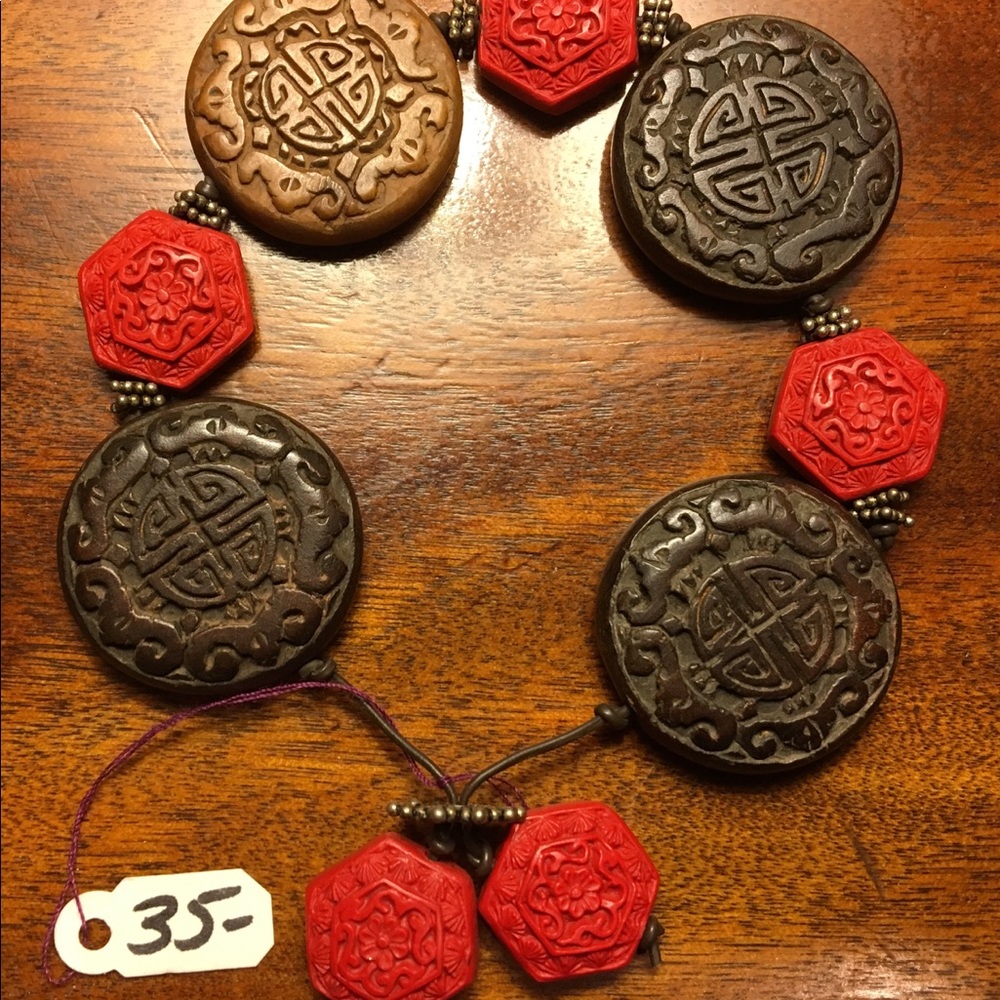 Carved Asian Wood Bracelet with Silver Beads