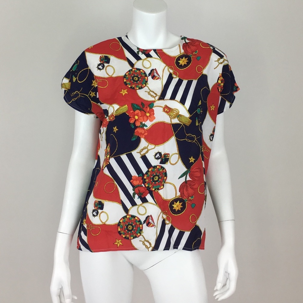 Nautical Blouse Red Blue White Large Sleeveless