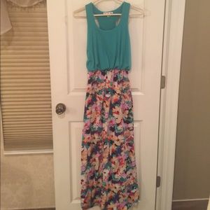 Floor length blue and floral maxi dress