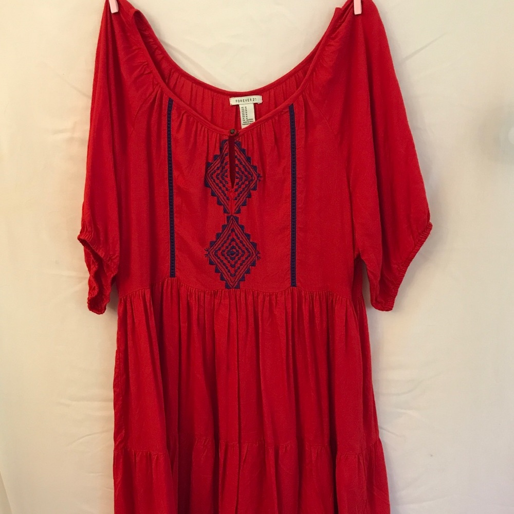 Red Flowy Dress with Navy Blue Detail