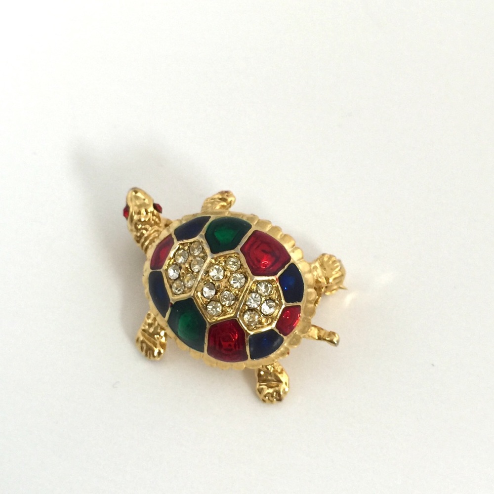 Small Gold Tone Enamel Rhinestone Turtle Brooch