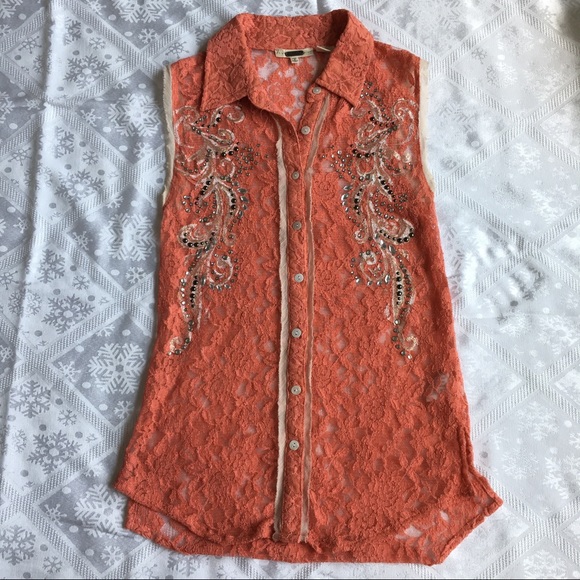 Miss Me Tops - Miss Me Coral Embellished Sleeveless Lace Top