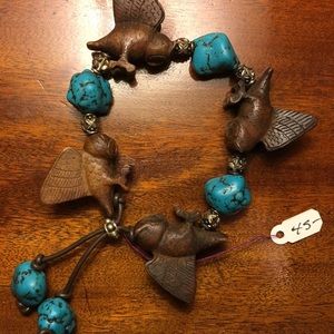 Turquoise and Carved Wooden Owl Bracelet