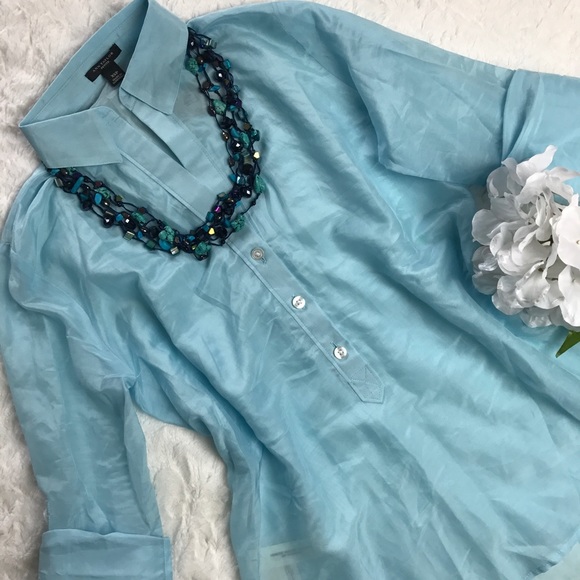 NEW Ann Taylor Baby Blue Roll Tap Sleeves Silk - Picture 1 of 3