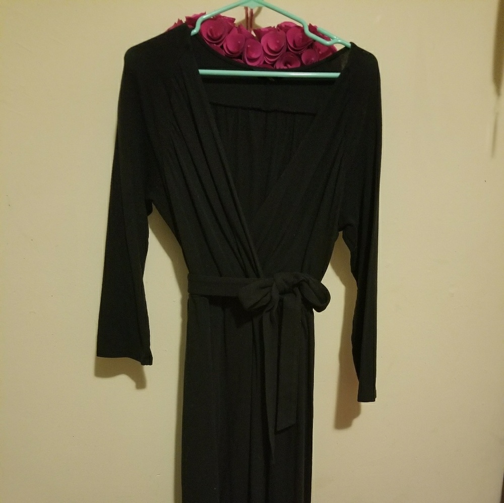 LANDS END BLACK Cotton Long Sleeve Dress w/ Tie XL