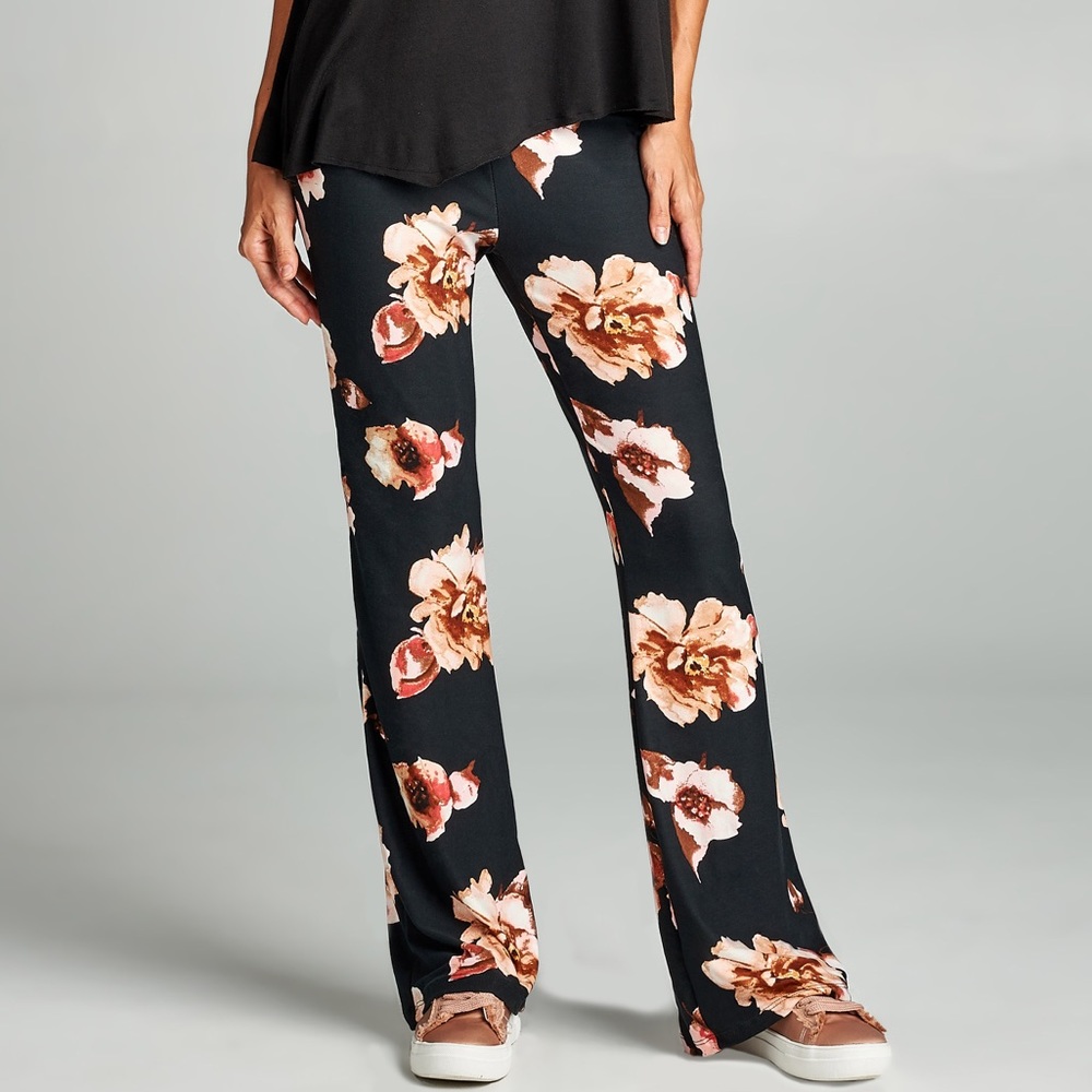 Black Floral Flared Pants - Picture 1 of 4