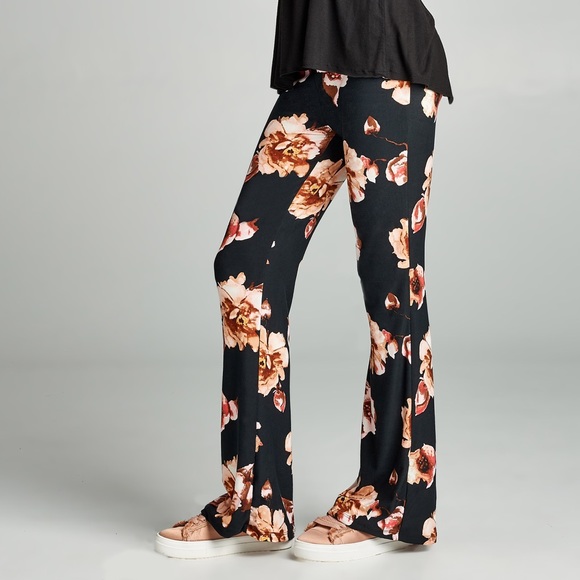 Black Floral Flared Pants - Picture 2 of 4