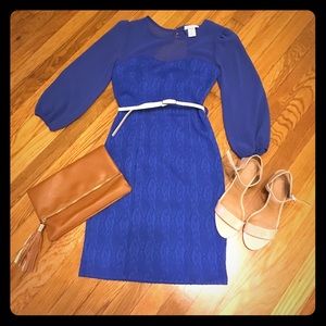 Fitted sheer top blue cocktail dress