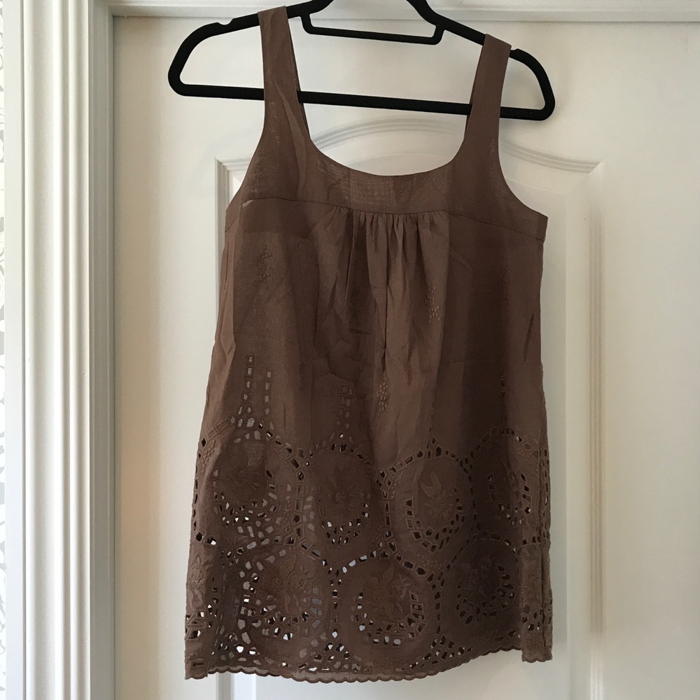 Theory brown cotton linen tank w/lace cut outs