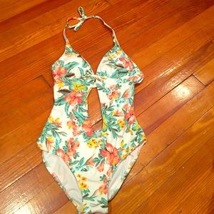 Tropical print halter one piece bathing suit