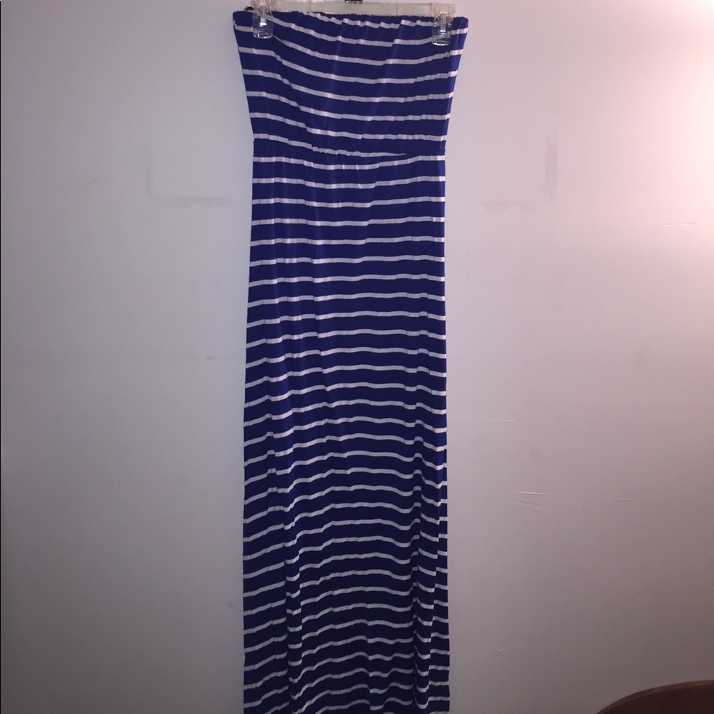 Blue and white striped maxi dress