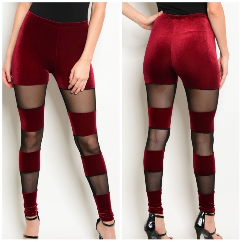π Sexy Soft Velvet Mesh Panel Burgundy Color Block Comfortable Leggings π - Picture 1 of 1
