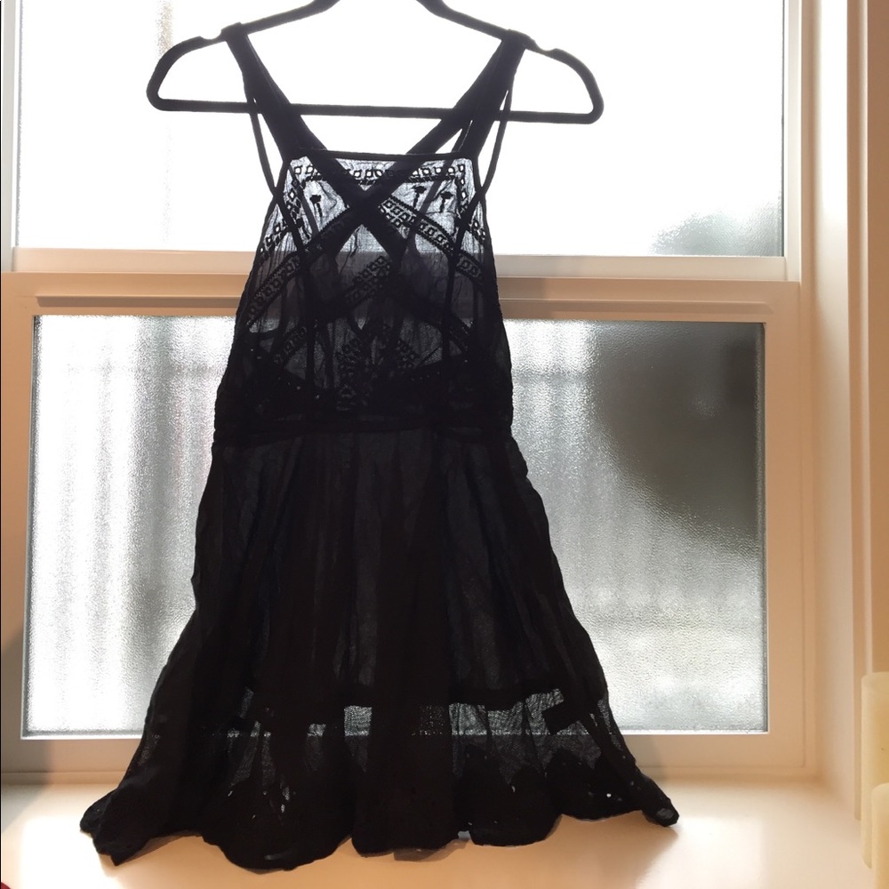 Free people sheer black dress w embroidery + mesh