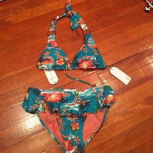 Jessica Simpson Blue tropical halter bikini set