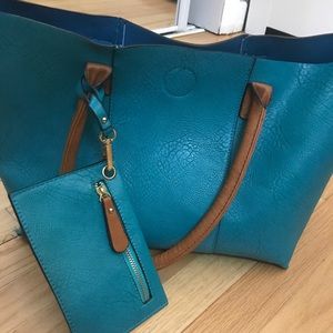 Teal & Brown Shoulder Bag with Small Clutch!