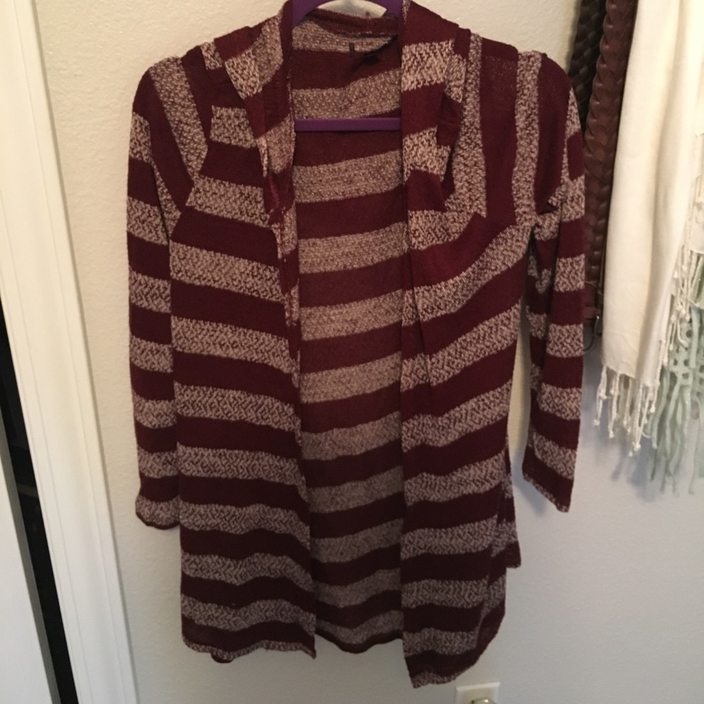 burgundy striped cardigan with hoodie