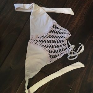 high neck crotchet lace swim top