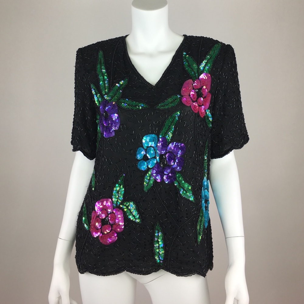 Vintage Sequin Blouse Floral Large Colorful
