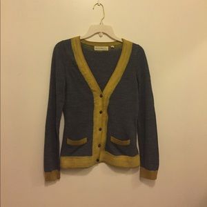 ANTHROPLOGIE grey cardigan, yellow felted trim