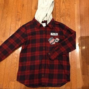 Button down plaid hooded shirt