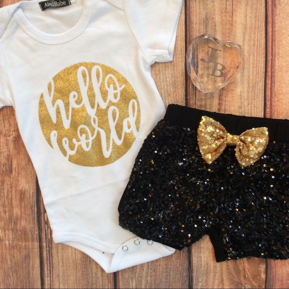 Boutique Baby Girl Glitzy HELLO WORLD 3 pc set - Picture 2 of 3