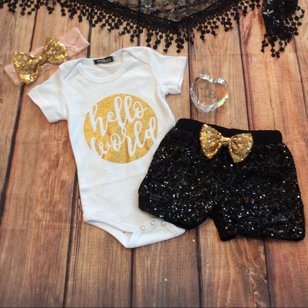 Boutique Baby Girl Glitzy HELLO WORLD 3 pc set - Picture 3 of 3