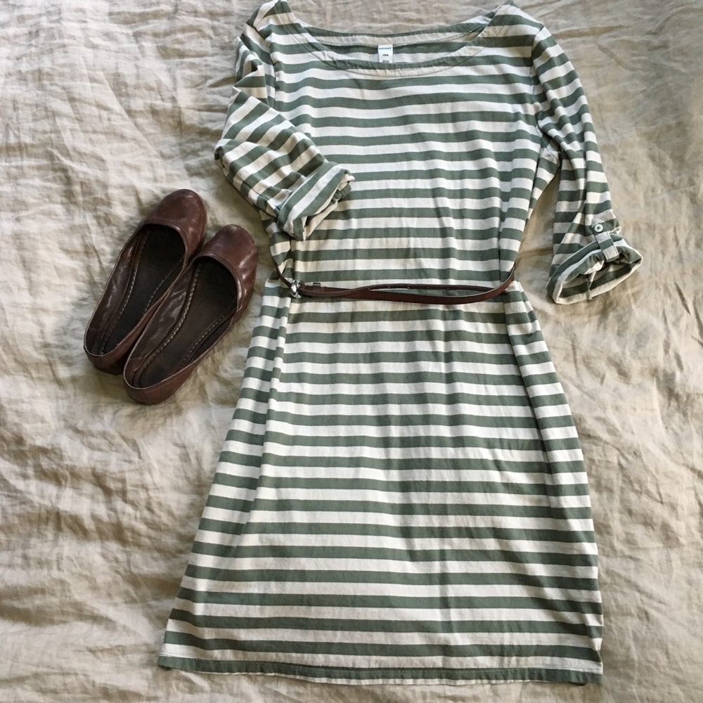 Olive Green and Cream Striped Dress
