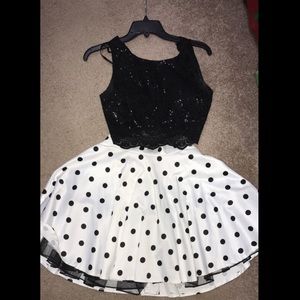 black and white polka dot two piece hoco dress