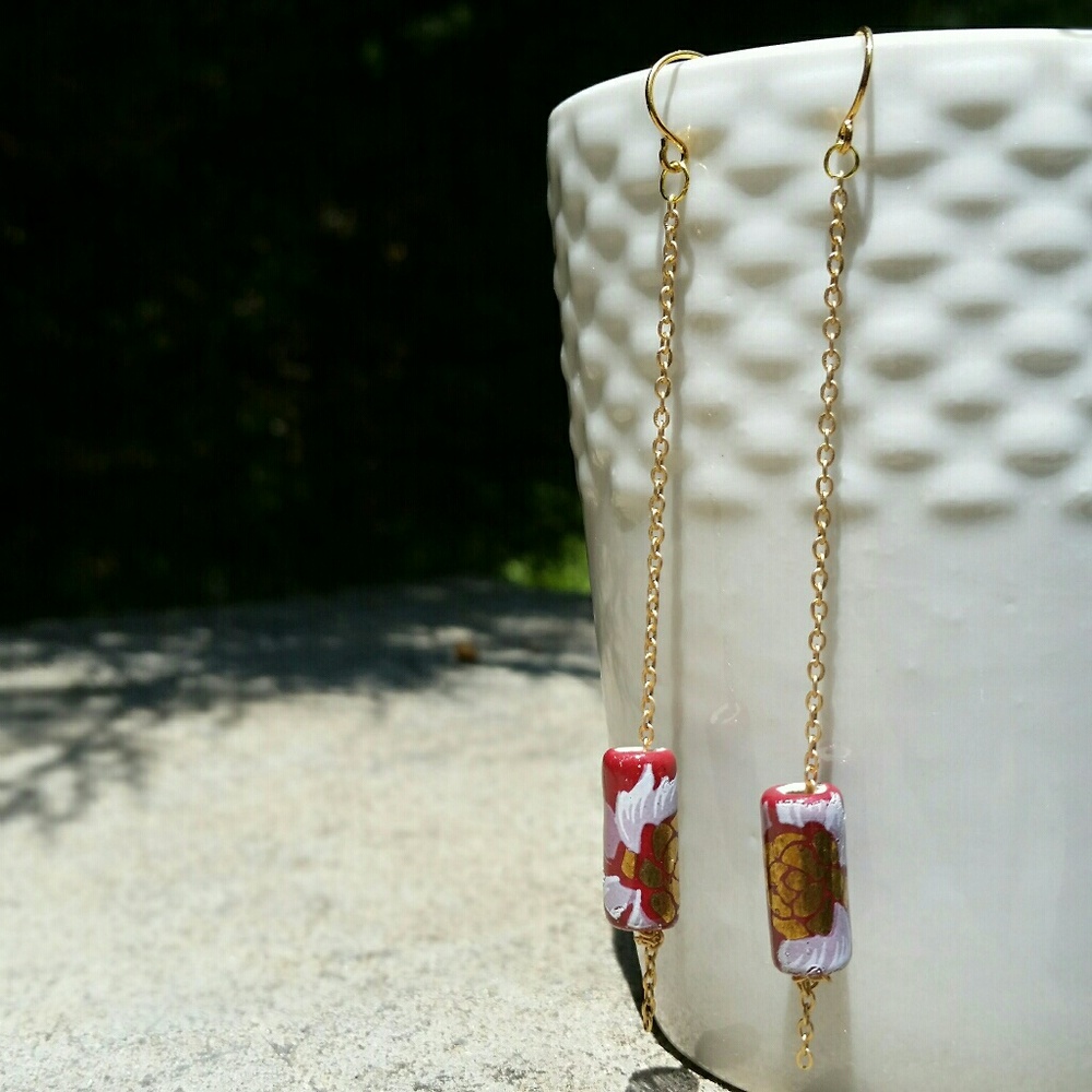 Handpainted Japanese Cherry Blossom Drop Earrings