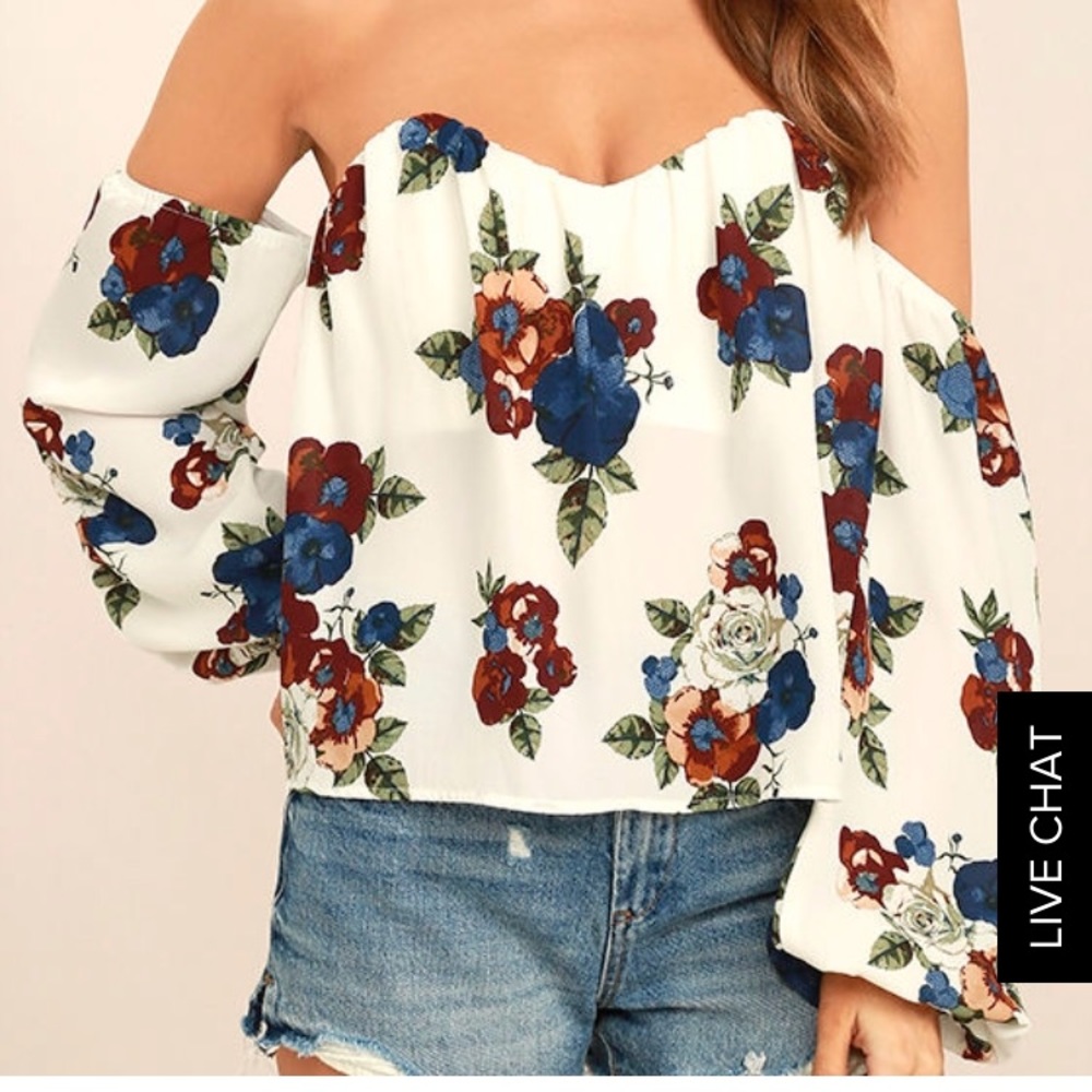 Lulu's white floral off-the-shoulder top.