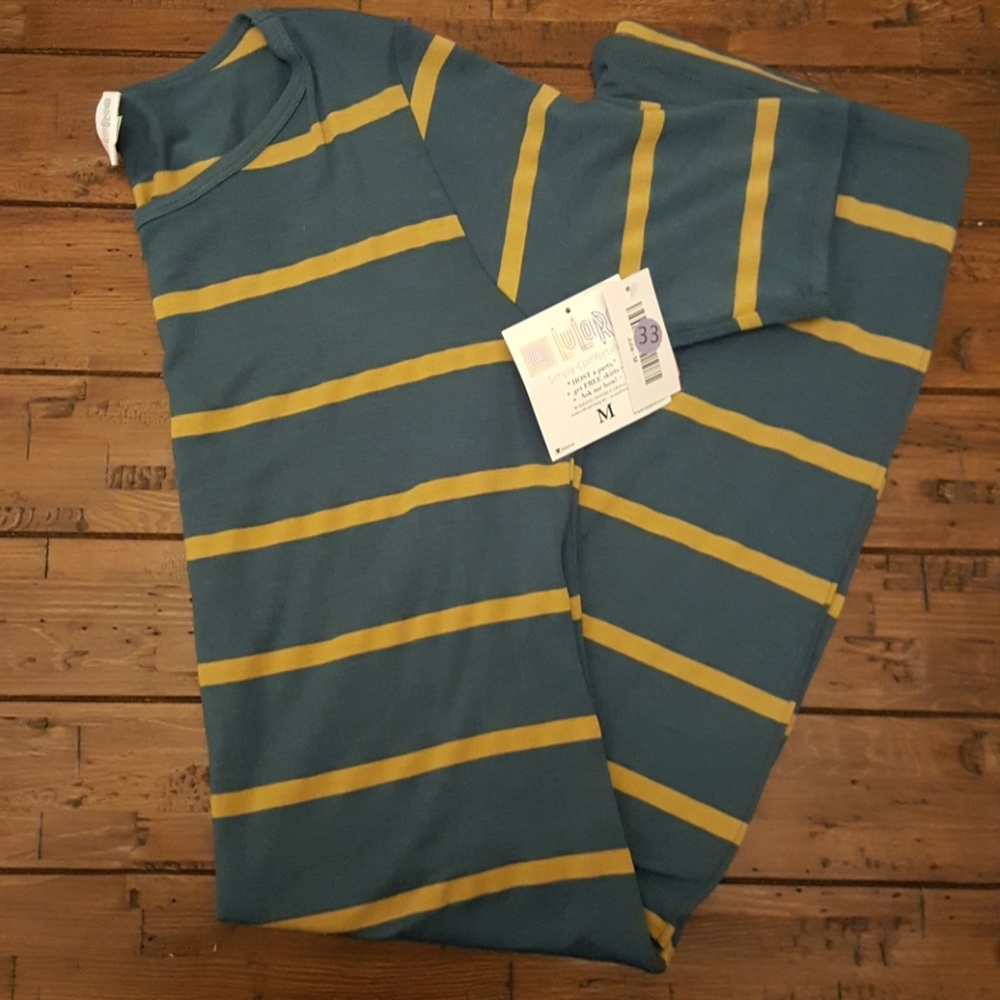 NWT Med Lularoe Julia Dress Blue w/ Gold Stripes