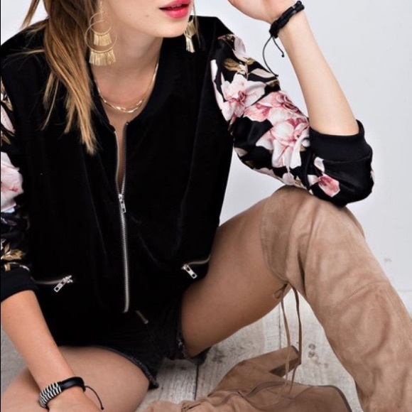 Black Velvet Floral Sleeve Bomber Jacket - Picture 2 of 6