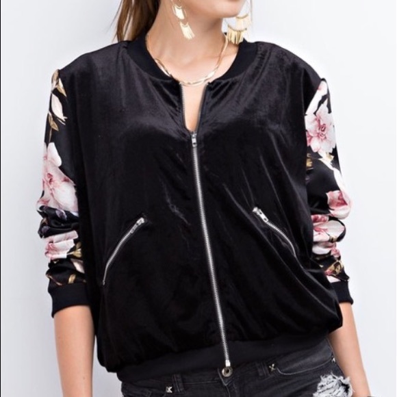 Black Velvet Floral Sleeve Bomber Jacket - Picture 3 of 6