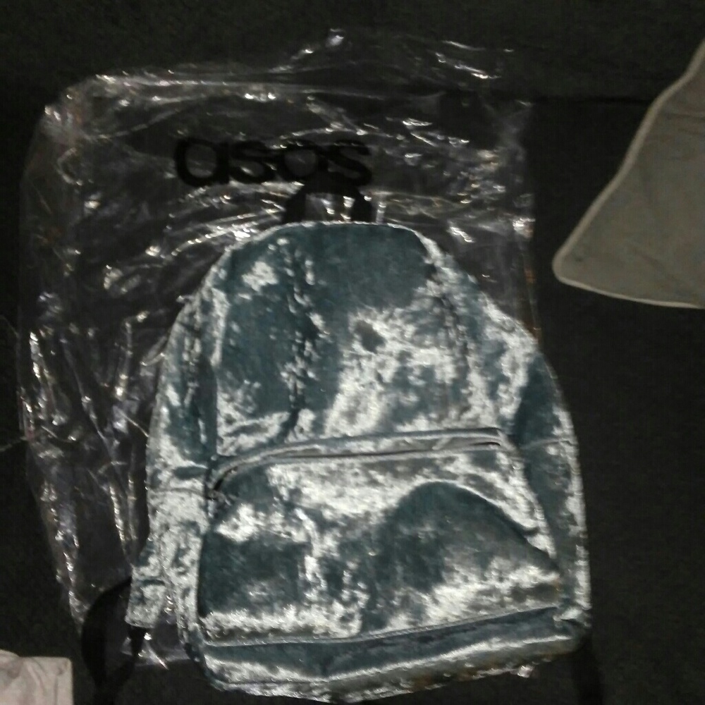 AUTHENTIC ASOS Mint Blue Velvet Backpack (NWOT).
