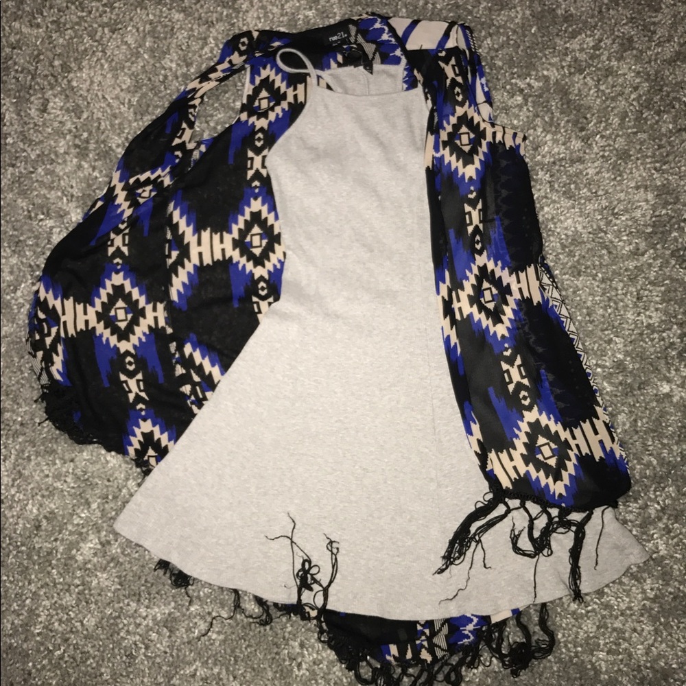 Grey Skater Dress with sleeveless Aztec cover up