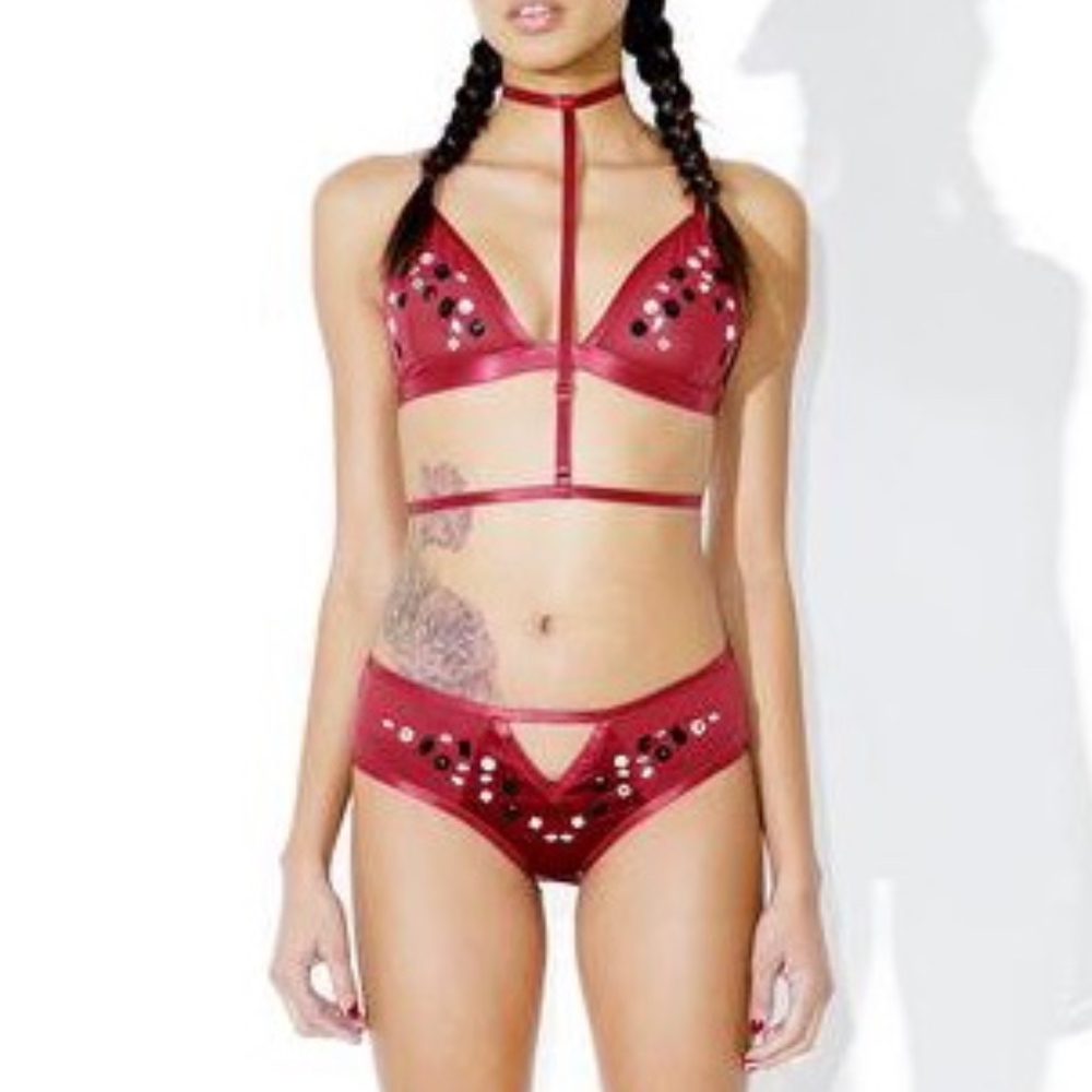 Garnet Mesh Bralette & Brief Set with Harness