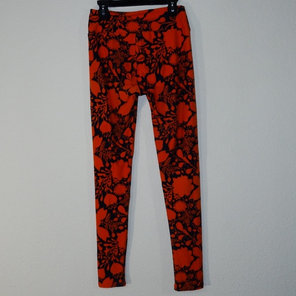 Lularoe Leggings Bright Orange Navy Blue Floral - Picture 2 of 3