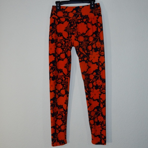 Lularoe Leggings Bright Orange Navy Blue Floral - Picture 1 of 3