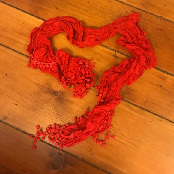 Red Ruffle Pom Pom Scarf - Picture 2 of 3