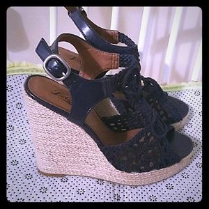 Lucky Brand Navy Blue Stunning Crocheted Wedges