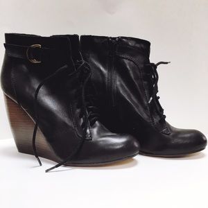 Seychelles Black Leather Zip/Lace-Up Wedge Bootie