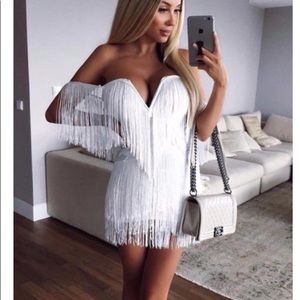 White off shoulder tassel fringe mini dress
