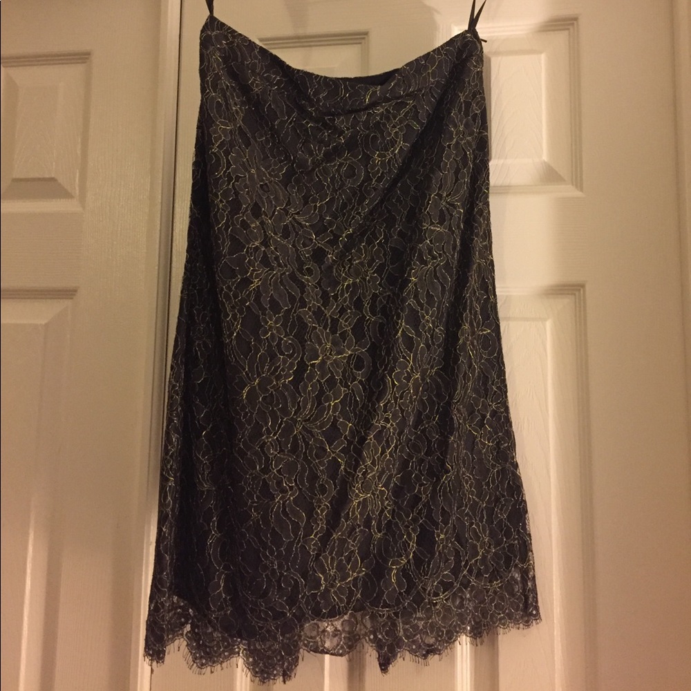 Banana Republic brown/gold lace over brown skirt.