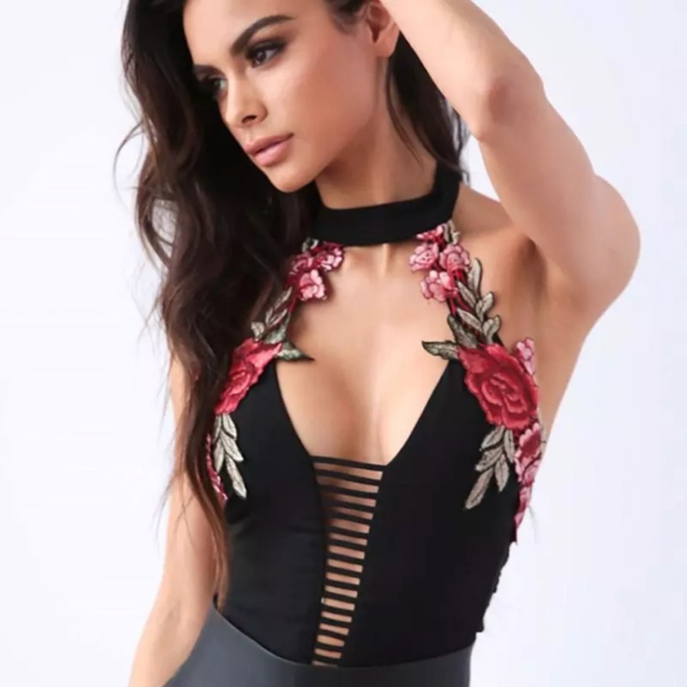 ‘Lorena’ Floral red rose ladder halter bodysuit